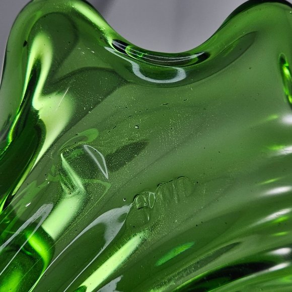 Art Glass Folded Swirl Candy Bowl Trinket Dish Green Vintage - Picture 10 of 10